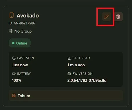 Device card — the green Online badge and the pencil icon in the top right