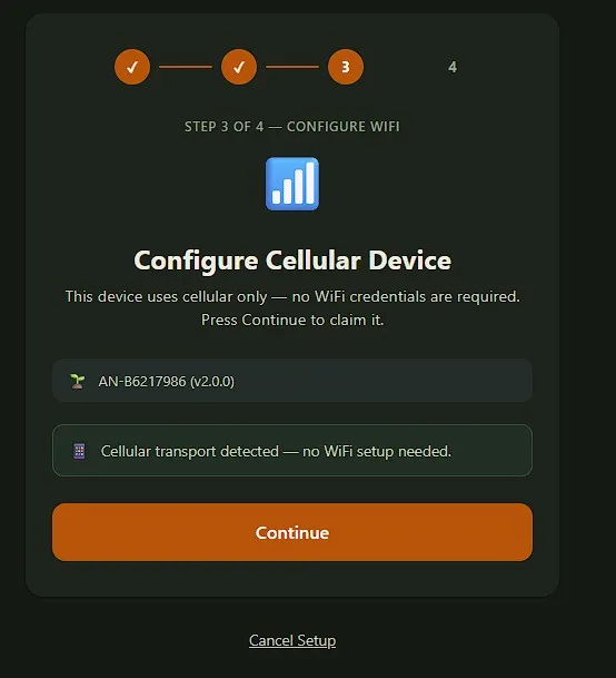 Connection type detected — the "Continue" button