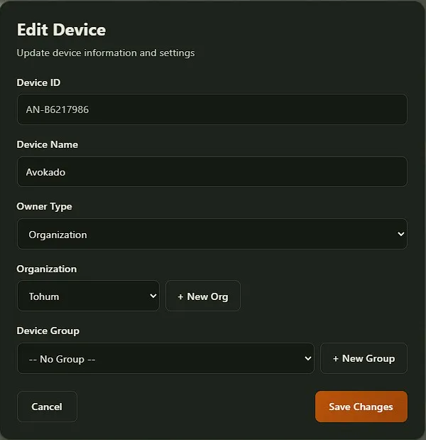 "Edit Device" dialog — the device name, owner type and organization fields