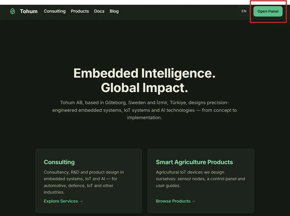 tohum.se homepage — the "Open Panel" button in the top-right corner