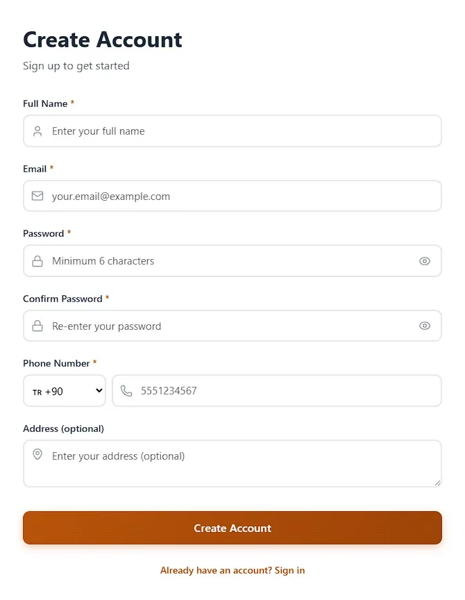 Panel account creation form
