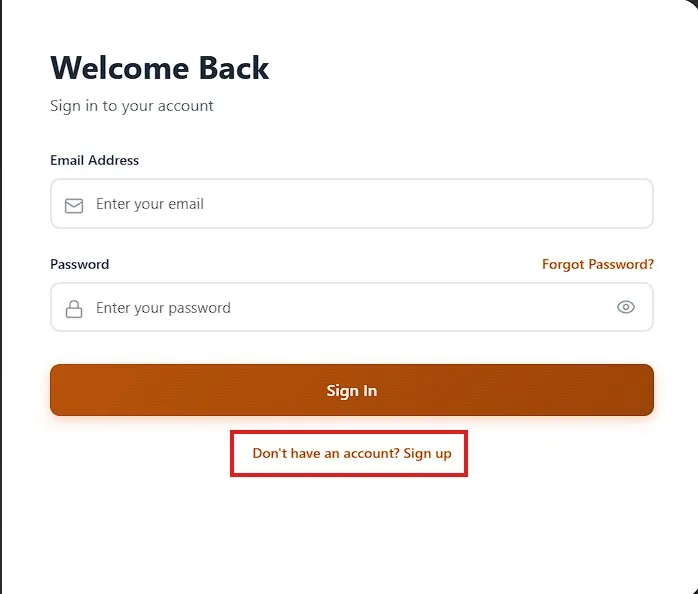 Panel sign-in screen — the "Don't have an account? Sign up" link